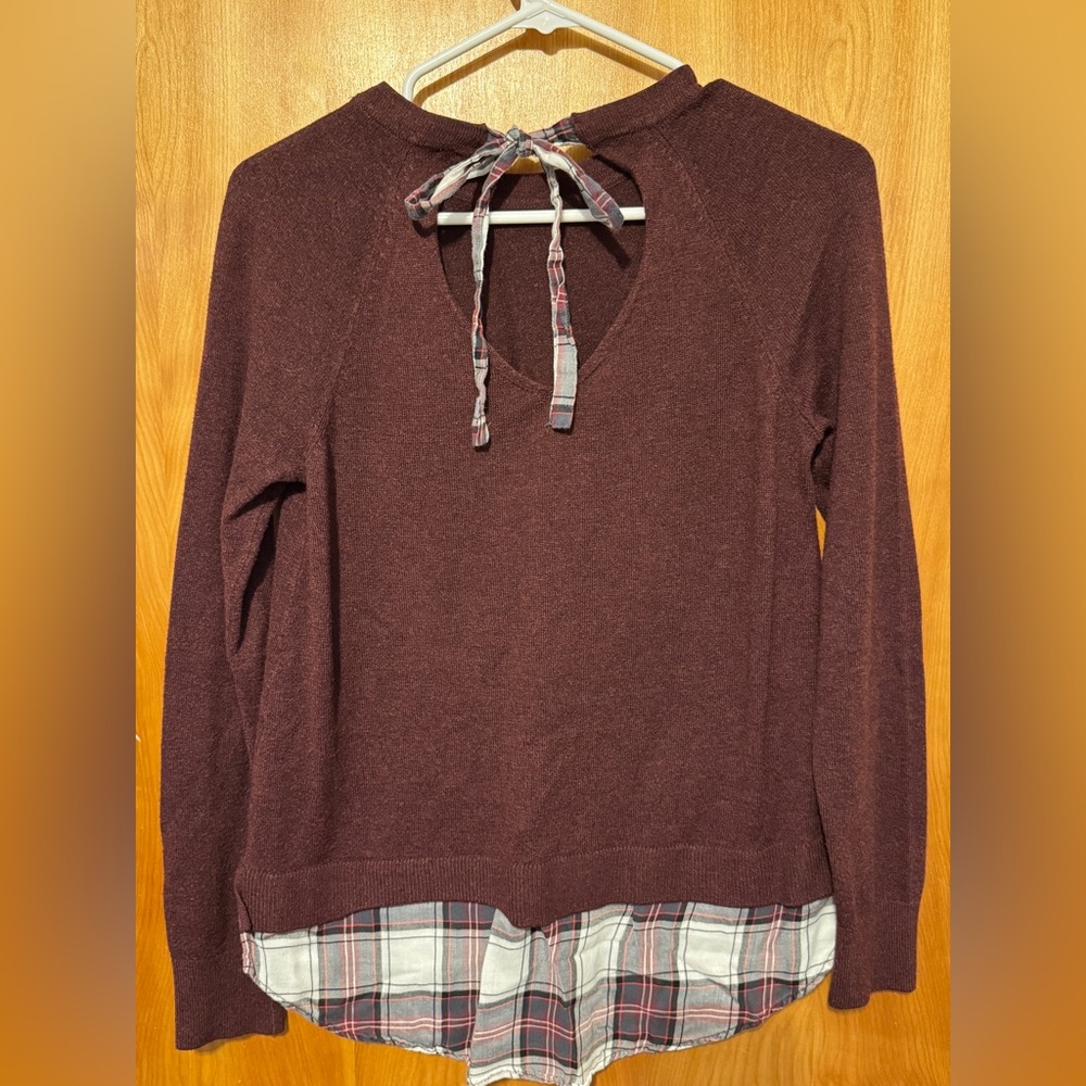 LOFT Burgundy V-Neck Sweater with Plaid Accent